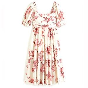 NWT Abercrombie Emerson Poplin Puff Sleeve Midi Dress Cream Floral Small